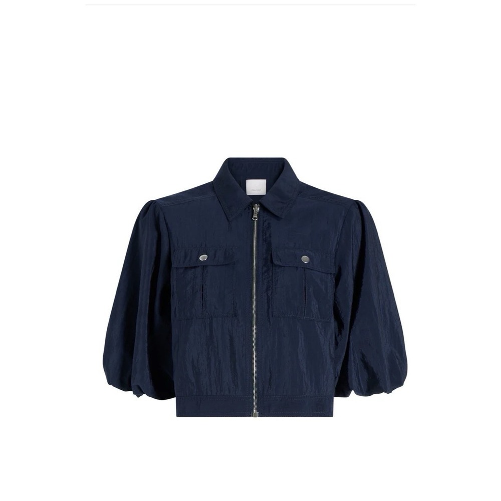 Cinq a Sept Ottie Navy Nylon Parachute Puff Sleeve Cropped Zip Jacket Size XL